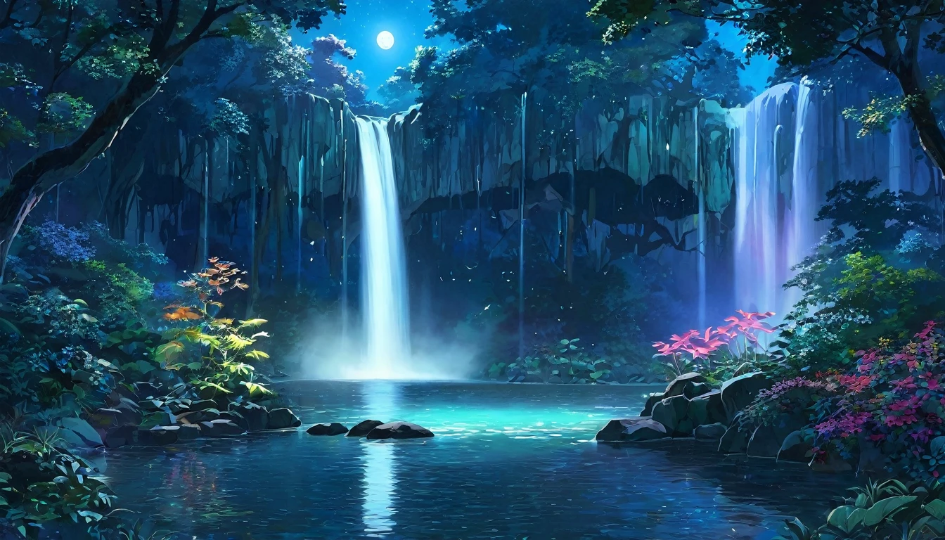 A fantastic night view with the light of the full moon gently illuminating the central waterfall.。The waterfall shines silver、The dark forest that surrounds it is filled with colorful, luminous plants and creatures.。The whole forest shines like magic、It creates a mysterious and fantastical atmosphere.。The waterfall&#39;s spray reflects the light of the full moon.、A beautiful sight, as if the stars were twinkling。Fantasy art that combines nature and magic。
