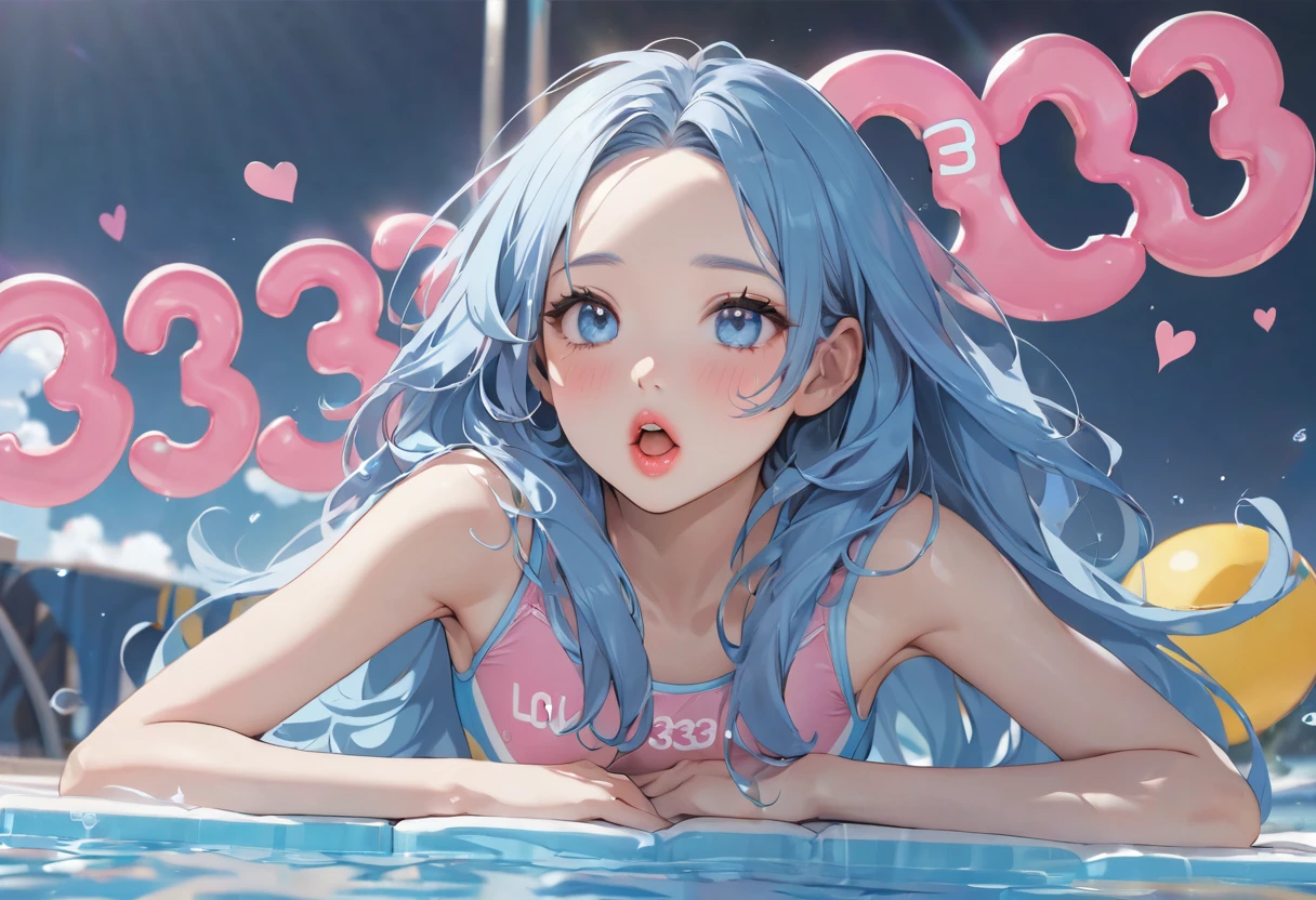 (Characters appear word of "33333"), (solo:2, 15 yo forehead blue hair long hair cute girl, lovely blue eyes, cute open mouth, pink lips), in a One piece swimsuit, BREAK, perfect anatomy, masterpiece, best quality, 16k, beautiful detailed grow, daydreaming expression.