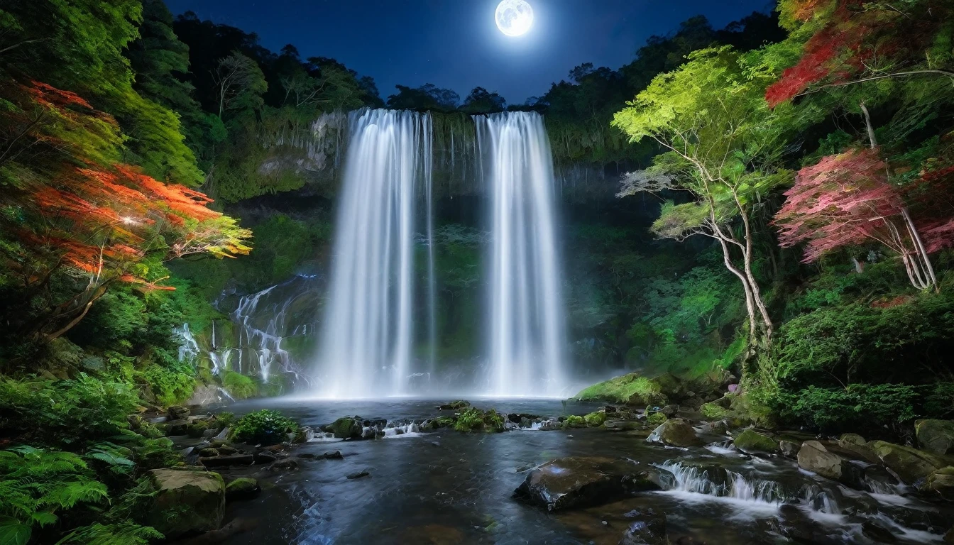 満月の光が中央の滝を優しく照らす幻想的な夜景.。滝 shines silver、それを囲む暗い森は色とりどりの, 光る植物と生き物.。森全体が魔法のように輝く、神秘的で幻想的な雰囲気を醸し出します.。滝&#39;霧が満月の光を反射する.、美しい光景, まるで星が瞬いているかのように。自然と魔法が融合したファンタジーアート。
