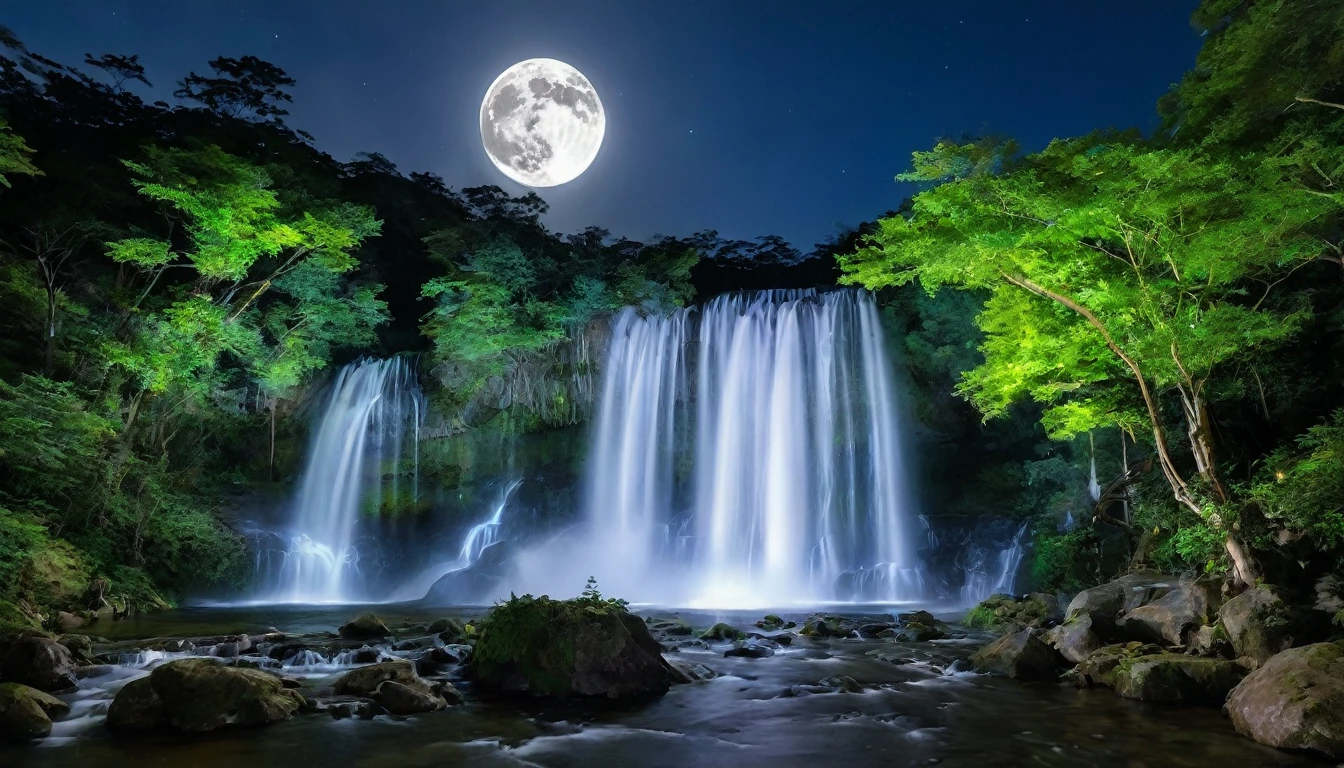 A fantastic night view with the light of the full moon gently illuminating the central waterfall.。The waterfall shines silver、The dark forest that surrounds it is filled with colorful, luminous plants and creatures.。The whole forest shines like magic、It creates a mysterious and fantastical atmosphere.。The waterfall&#39;s spray reflects the light of the full moon.、A beautiful sight, as if the stars were twinkling。Fantasy art that combines nature and magic。
