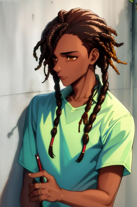 1boy, solo, blunt in hand, hawaiin shirt, brown skin color, stubble, black hair, ((dreadlock hairstyle)), brown eyes, masterpiec...