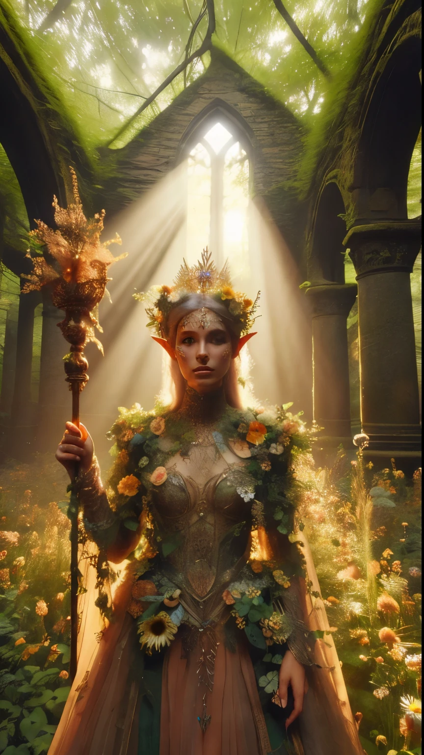 In a dappled, ancient forest ruin, an Elf Princess stands tall close to camera, closeup shot, her scepter raised high as beams of warm sunlight filter through the trees, casting a golden halo around her regal figure. covered in an ultra-multitude of tiny flowers and vines, very tall overgrown varied wildflower beds surround her, Her beautiful, enchanted clothing shimmers in the soft light, while lush foliage and vines surround her, creating a lush environment. The camera captures a sharp focus on the princess's face, with the rule of thirds composition placing her at the intersection of two diagonals. Shot during the golden hour, the scene exudes an ethereal mood, inviting the viewer to step into this mystical realm., ,fantasy, better_hands, leonardo, angelawhite, Enhance