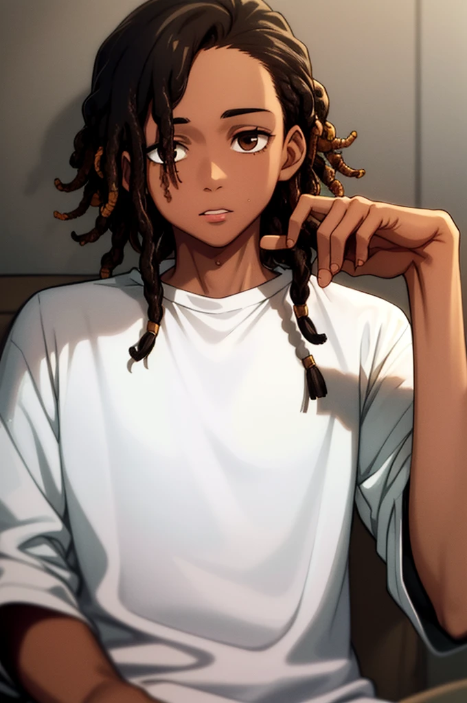 1boy, solo, blunt in hand, hawaiin shirt, brown skin color, messy look, black hair, ((dreadlock hairstyle)), brown eyes, masterpiece, best quality, high quality, upper body, male focus,