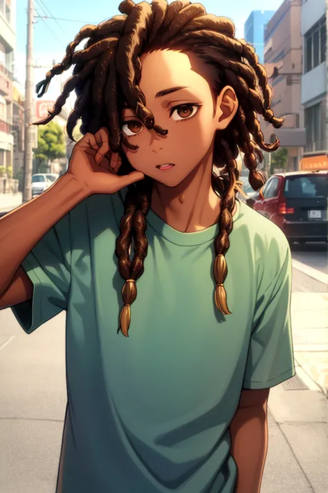 1boy, solo, blunt in hand, hawaiin shirt, brown skin color, messy look, black hair, ((dreadlock hairstyle)), brown eyes, masterp...