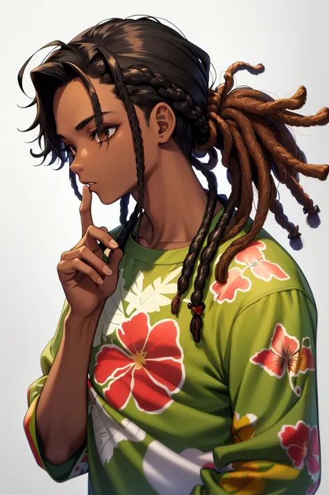 1boy, solo, blunt in hand, hawaiin shirt, brown skin color, messy look, black hair, ((dreadlock hairstyle)), brown eyes, masterp...