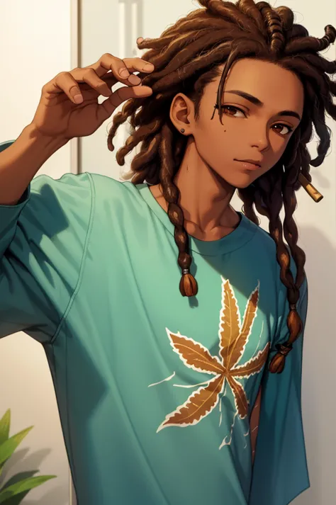 1boy, solo, blunt in hand, hawaiin shirt, brown skin color, messy look, black hair, ((dreadlock hairstyle)), brown eyes, masterp...