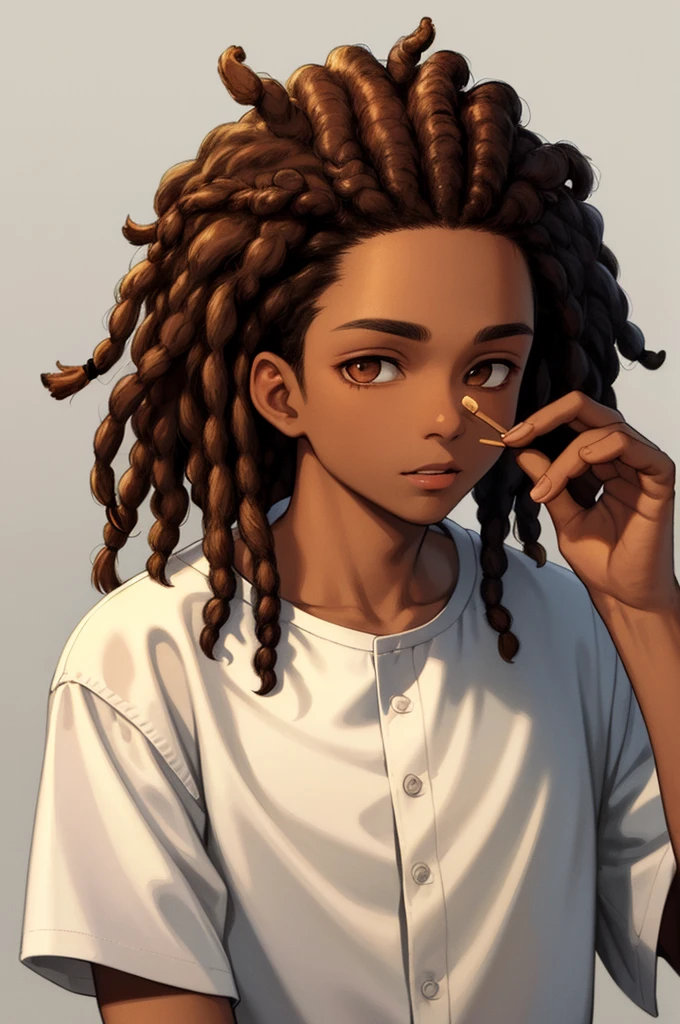 1boy, solo, blunt in hand, hawaiin shirt, brown skin color, messy look, black hair, ((dreadlock hairstyle)), brown eyes, masterpiece, best quality, high quality, upper body, male focus,