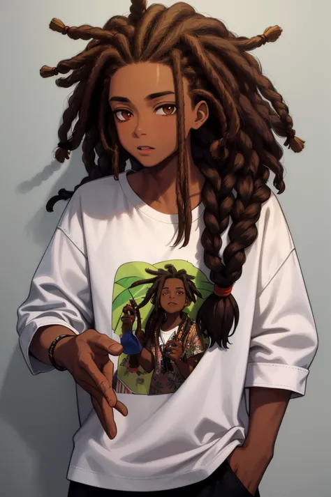 1boy, solo, blunt in hand, hawaiin shirt, brown skin color, messy look, black hair, ((dreads)), brown eyes, masterpiece, best qu...