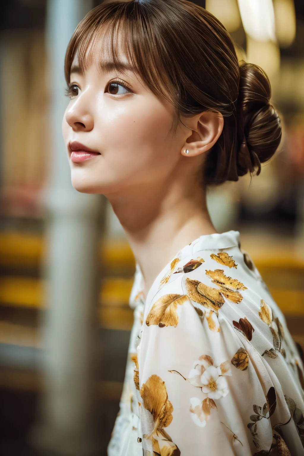 photoshoot by deborahWolf1, A skinny Japanese woman, (brown hair), (hair with elegant bun), cute face, detailed face, detailed eyes, detailed skin texture, (blush:0.2), (goosebumps:0.3), (White floral dress), underground scattering, Photorealistic, Hyperrealistic, hyperdetailed, analog style , tilted hip, demure, detailed skin, matte skin, soft lighting, subterranean scattering, realistic, heavy shadow, artwork, Best quality, ultra realistic, 8k, golden ratio, intricate, high detail, film photography, soft focus, stem, (({full|upper} body photo))