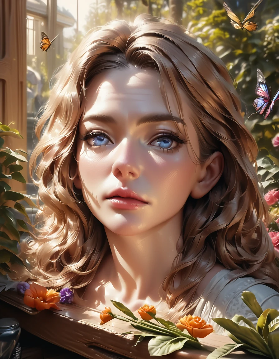 (Highest quality,4K,8K,High resolution,masterpiece:1.2),Super detailed,(Realistic,photoRealistic,photo-Realistic:1.37),Beautiful attention to detail,Beautiful lip detail,Highly detailed blue eyes and face,Long eyelashes,Flowing Hair,Garden view,Colorful flowers,Butterflies are flying,Soft lighting,Rich colors,Moderate: Oil, High nose,  