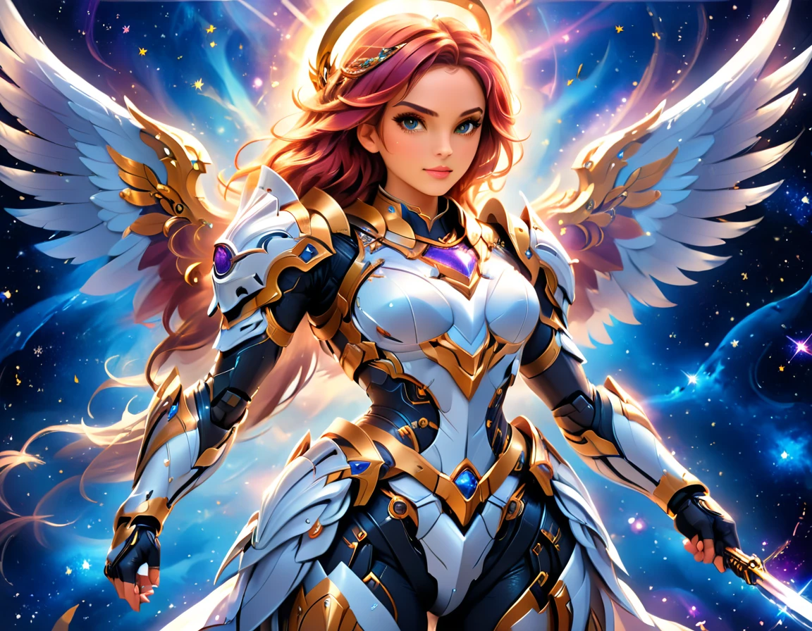 arafed a warrior angel in space battling in outer space, a female angel knight, magnificent beauty, divine beauty, dynamic hair color, dynamic hair color, dynamic eye color, intent gaze, she wears intricate space armor, with intricate mechanic parts, white angelic wings spread, magnificent wings, glorious wings, outer space background,  stars, vibrant, Ultra-high resolution, High Contrast, (masterpiece:1.5), highest quality, Best aesthetics), best details, best quality, highres, (ultra wide angle: 1.2), 16k, ultra detailed, masterpiece, best quality, (extremely detailed),aetherpunkai, GlowingRunesAI_paleblue, Sword and shield