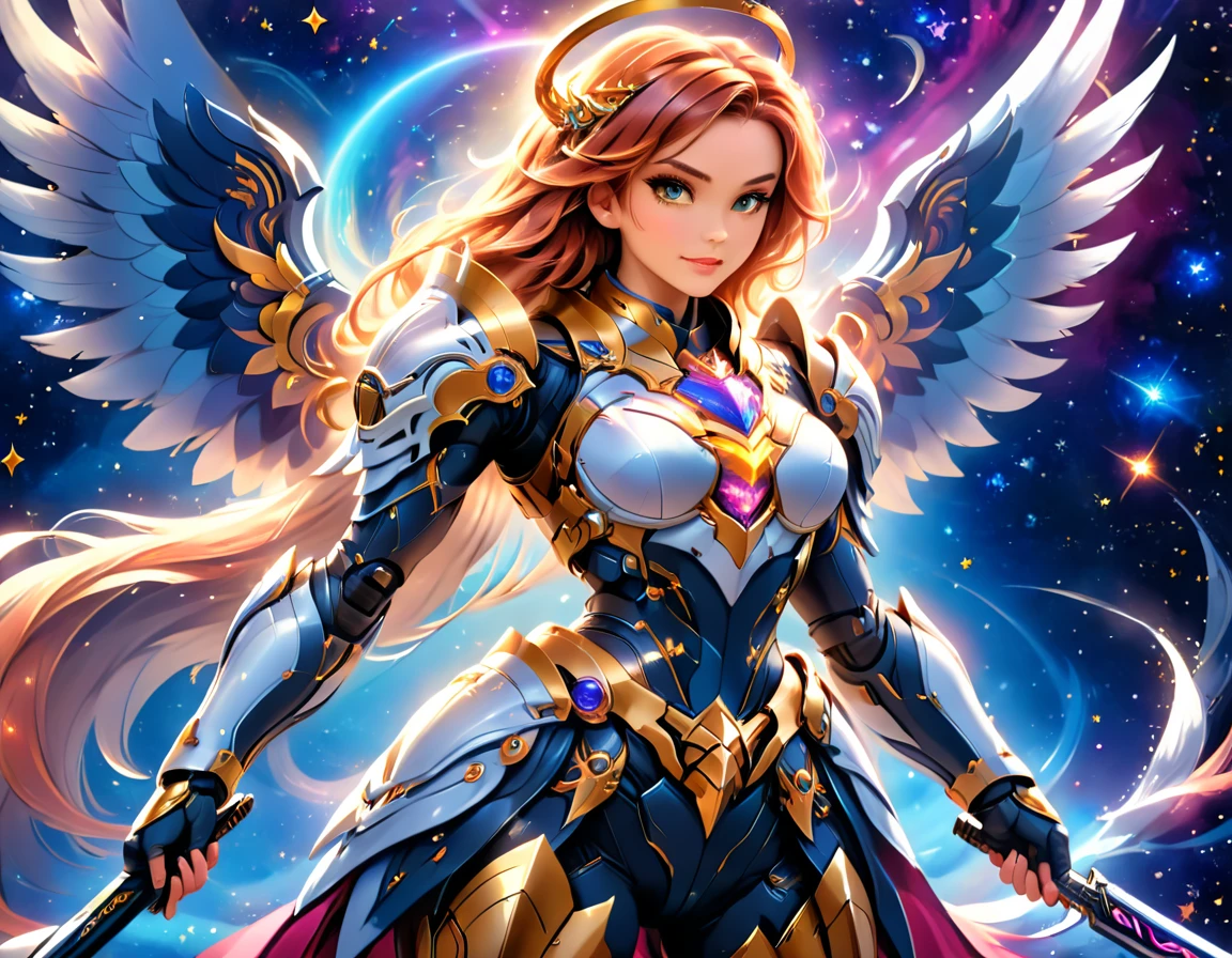 arafed a warrior angel in space battling in outer space, a female angel knight, magnificent beauty, divine beauty, dynamic hair color, dynamic hair color, dynamic eye color, intent gaze, she wears intricate space armor, with intricate mechanic parts, white angelic wings spread, magnificent wings, glorious wings, outer space background,  stars, vibrant, Ultra-high resolution, High Contrast, (masterpiece:1.5), highest quality, Best aesthetics), best details, best quality, highres, (ultra wide angle: 1.2), 16k, ultra detailed, masterpiece, best quality, (extremely detailed),aetherpunkai, GlowingRunesAI_paleblue, Sword and shield