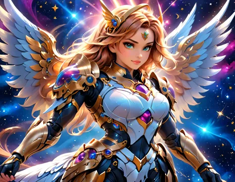 arafed a warrior angel in space battling in outer space, a female angel knight, magnificent beauty, divine beauty, dynamic hair ...