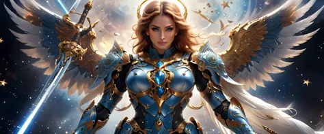 arafed a warrior angel in space battling in outer space, a female angel knight, magnificent beauty, divine beauty, dynamic hair ...