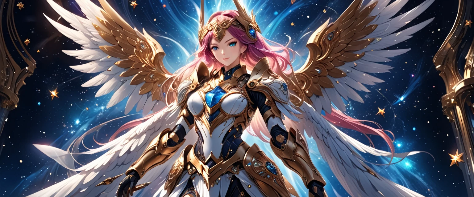 arafed a warrior angel in space battling in outer space, a female angel knight, magnificent beauty, divine beauty, dynamic hair color, dynamic hair color, dynamic eye color, intent gaze, she wears intricate space armor, with intricate mechanic parts, white angelic wings spread, magnificent wings, glorious wings, outer space background,  stars, vibrant, Ultra-high resolution, High Contrast, (masterpiece:1.5), highest quality, Best aesthetics), best details, best quality, highres, (ultra wide angle: 1.2), 16k, ultra detailed, masterpiece, best quality, (extremely detailed),aetherpunkai, GlowingRunesAI_paleblue, Sword and shield