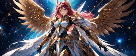 arafed a warrior angel in space battling in outer space, a female angel knight, magnificent beauty, divine beauty, dynamic hair ...