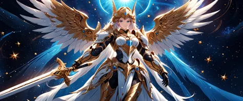 arafed a warrior angel in space battling in outer space, a female angel knight, magnificent beauty, divine beauty, dynamic hair ...