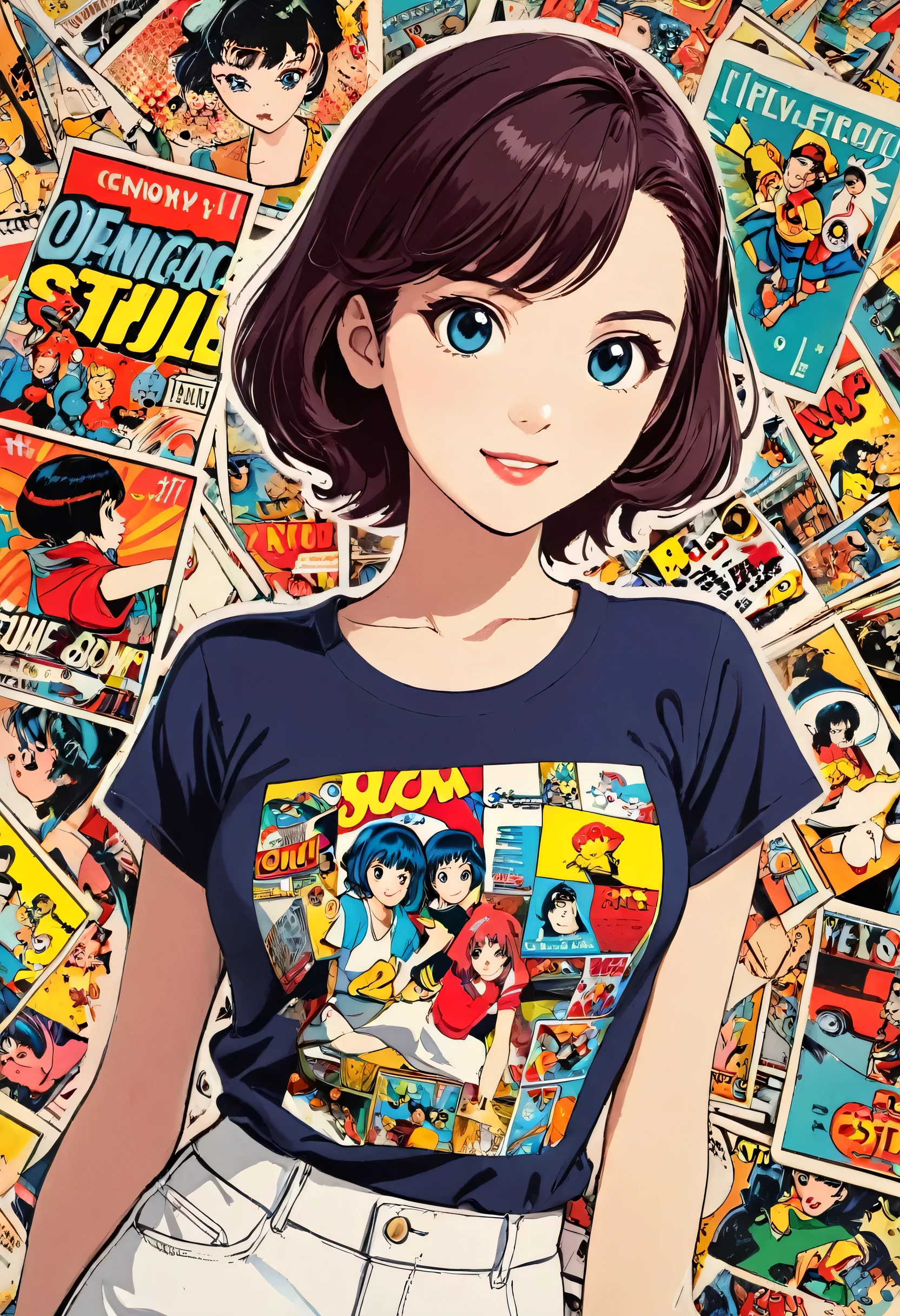 young girl，t- shirt，white，Art，retro style，comic collage, no smilling, anime style