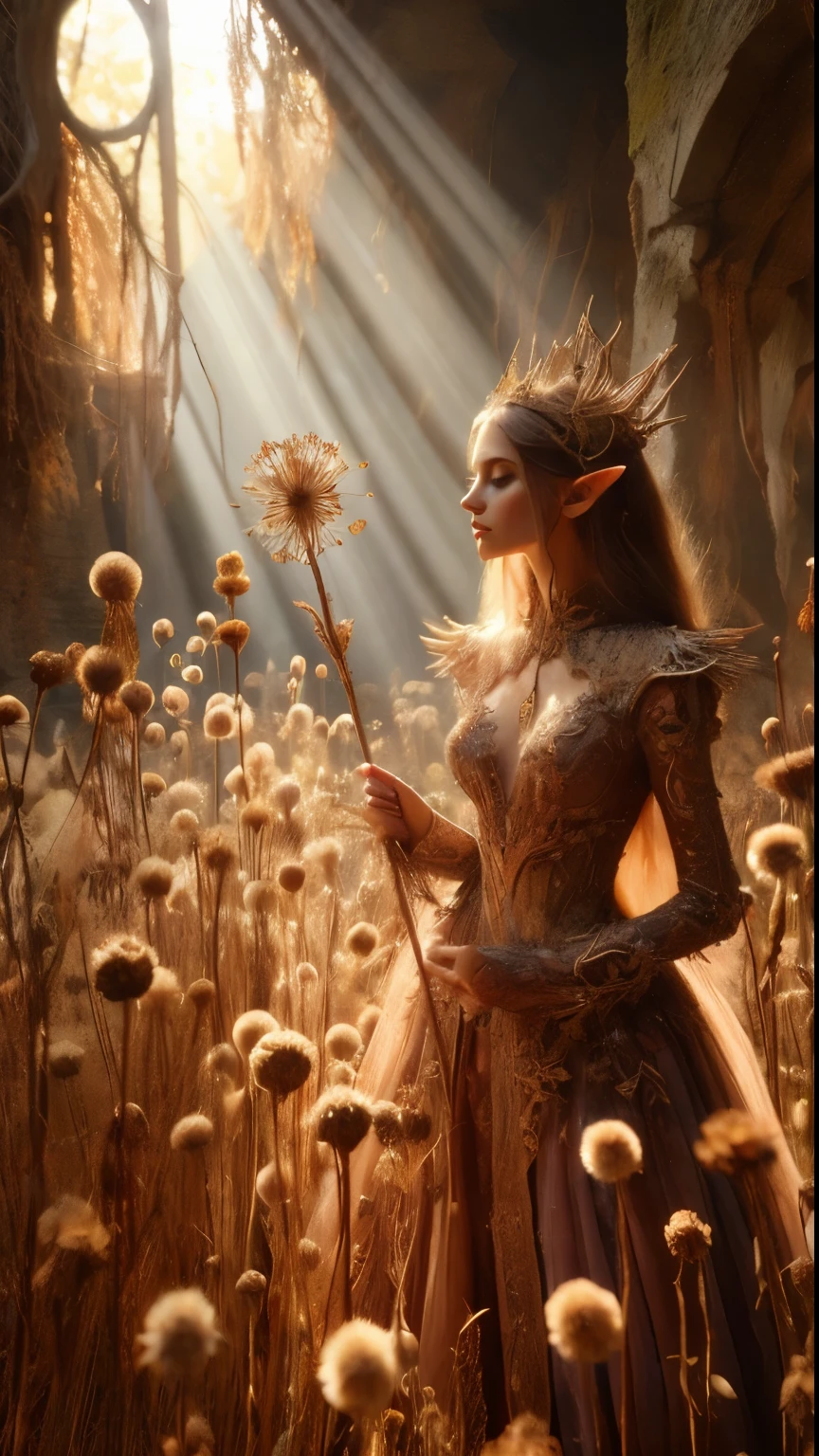 In a dappled, ancient forest ruin, an Elf Princess stands tall close to camera, closeup shot, her scepter raised high as beams of warm sunlight filter through the dried withered grasses and dry seedpods, casting a golden halo around her regal figure. covered in an ultra-multitude of small dry flowers and vines, very tall overgrown varied dry wildflower beds surround her, her beautiful, enchanted clothing shimmers in the soft light, while dry lush foliage and vines surround her, creating a lush environment. The camera captures a sharp focus on the princess's face, with the rule of thirds composition placing her at the intersection of two diagonals. Shot during the golden hour, the scene exudes an ethereal mood, inviting the viewer to step into this mystical realm., ,fantasy, better_hands, leonardo, angelawhite, Enhance