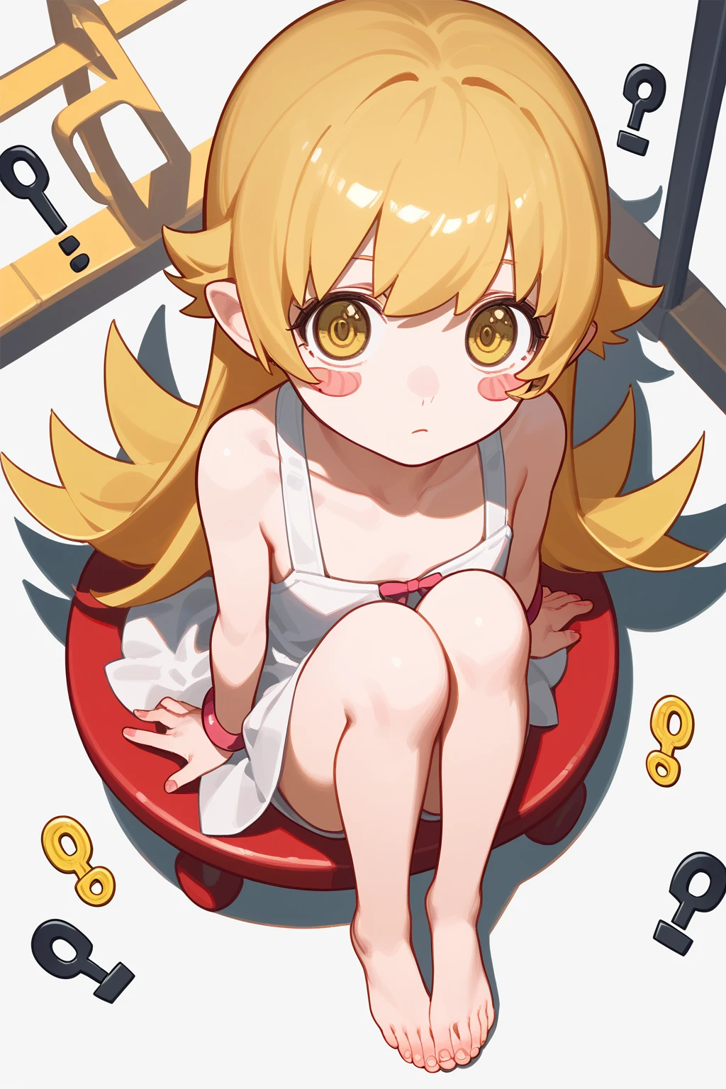 (punctuation_9,punctuation_8_High above,punctuation_7_High above,),oshino shinobu,long hair,standing alone,hair blonde,yellow  eyes,pointy ears,don,white don,blush stickers,bared shoulders,Bare feet,focus on feet,sitting down,