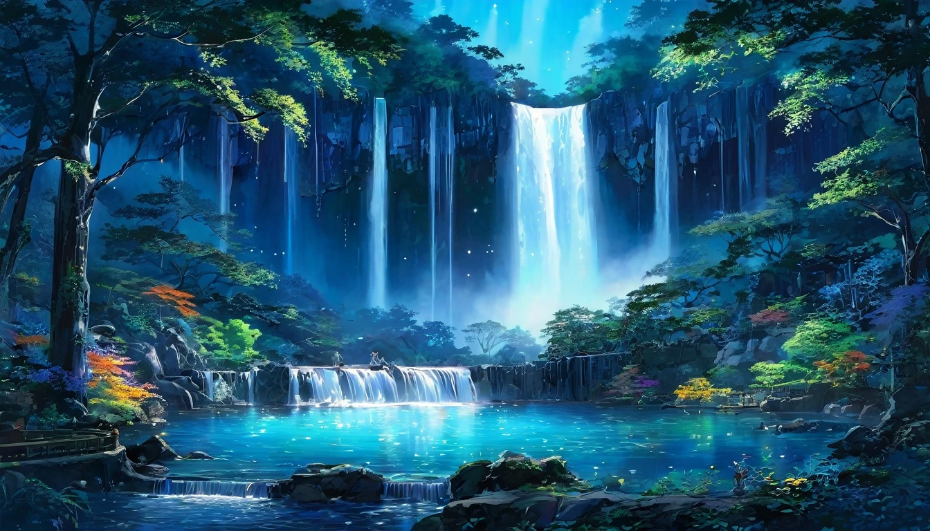 A fantastic night view with the light of the full moon gently illuminating the central waterfall.。The waterfall shines silver、The dark forest that surrounds it is filled with colorful, luminous plants and creatures.。The whole forest shines like magic、It creates a mysterious and fantastical atmosphere.。The waterfall&#39;s spray reflects the light of the full moon.、Fluorescent fireflies、A beautiful sight, as if the stars were twinkling。Fantasy art that combines nature and magic。
