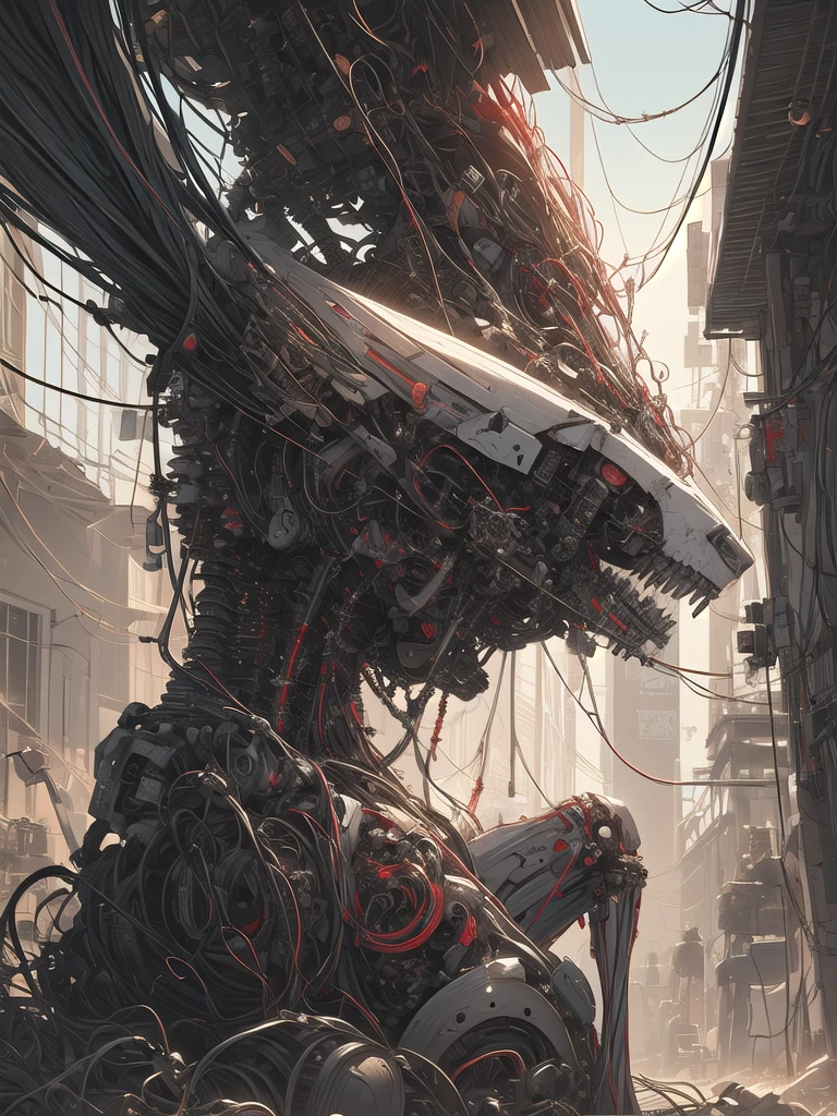 ((((masterpiece))), ((best quality))), ((ultra-detailed)), (CG illustration), ((an extremely delicate and beautiful)),(from side),cinematic light, ((1 mechanical girl)), single, full-body, (machine-made joint: 1.2), ( (mechanical limbs)), (blood vessels connected to tubes), (mechanical spine connected to back), ((mechanical cervical vertebrae attached to neck)), (sitting), forced laughter, (wires and cables around the neck: 1.2), (wires and cables on the head: 1.2) (character focus), sci-fi, extremely thin, colored, the finest white hair, red eyes, in battle, (knotted), (killing), (1 immortal)