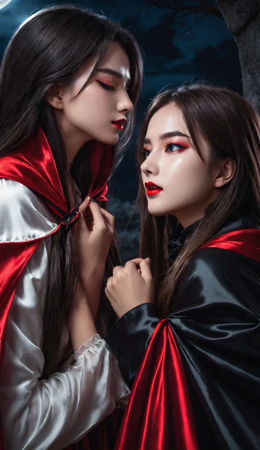 vampire teeth , ((((nighttime))) , 2girls,looking at each other in the eye, long hair , RAW photo, high quality, film grain,simple background, presenting, beautiful, (black and red lined satin cloak tied at the neck:1.20) , biting necks , breasts,big ass, clothes lift,bottomless,  moonlit graveyard , (2girls,yuri), 