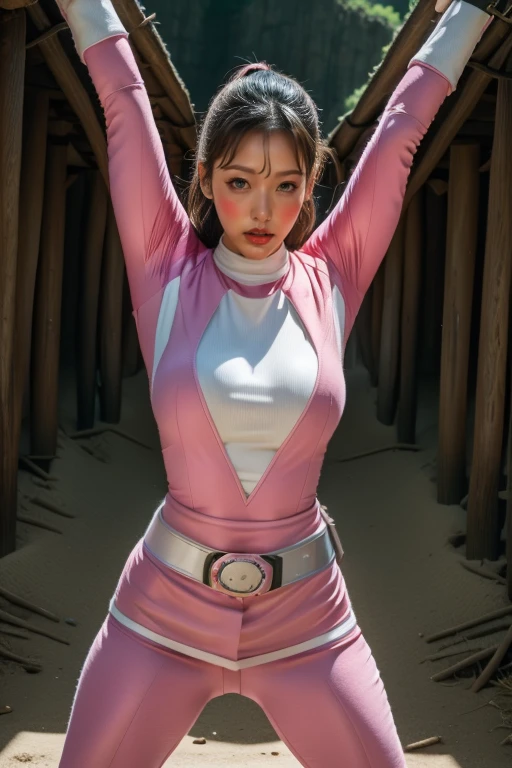 pink theme，pink ranger suit、curvy, big breats, full body, tied on Saint Andrew's cross in X position, screaming in pain, crying, eyes are closed tight