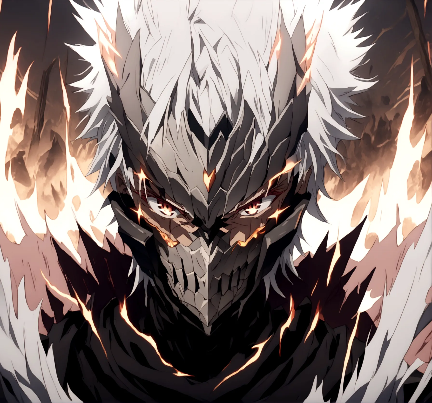 Black armor, white hair, red eyes, white messy spiky hair, black sword, extreme aura, serious face expression, black armored fac...