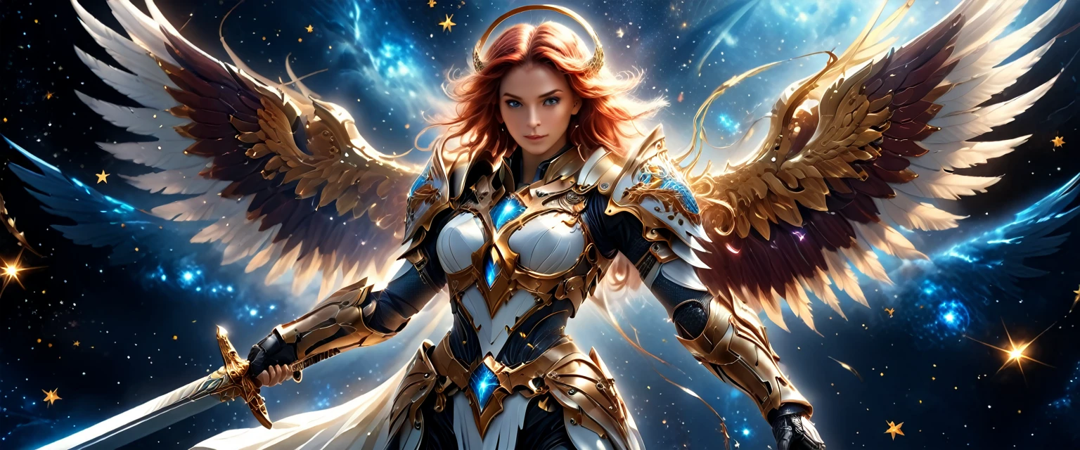 arafed a warrior angel in space battling in outer space, a female angel knight, magnificent beauty, divine beauty, dynamic hair color, dynamic hair color, dynamic eye color, intent gaze, she wears intricate space armor, with intricate mechanic parts, white angelic wings spread, magnificent wings, glorious wings, outer space background,  stars, vibrant, Ultra-high resolution, High Contrast, (masterpiece:1.5), highest quality, Best aesthetics), best details, best quality, highres, (ultra wide angle: 1.2), 16k, ultra detailed, masterpiece, best quality, (extremely detailed),aetherpunkai, GlowingRunesAI_paleblue, Sword and shield