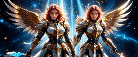 arafed a warrior angel in space battling in outer space, a female angel knight, magnificent beauty, divine beauty, dynamic hair ...