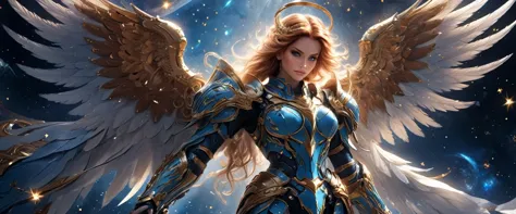 arafed a warrior angel in space battling in outer space, a female angel knight, magnificent beauty, divine beauty, dynamic hair ...