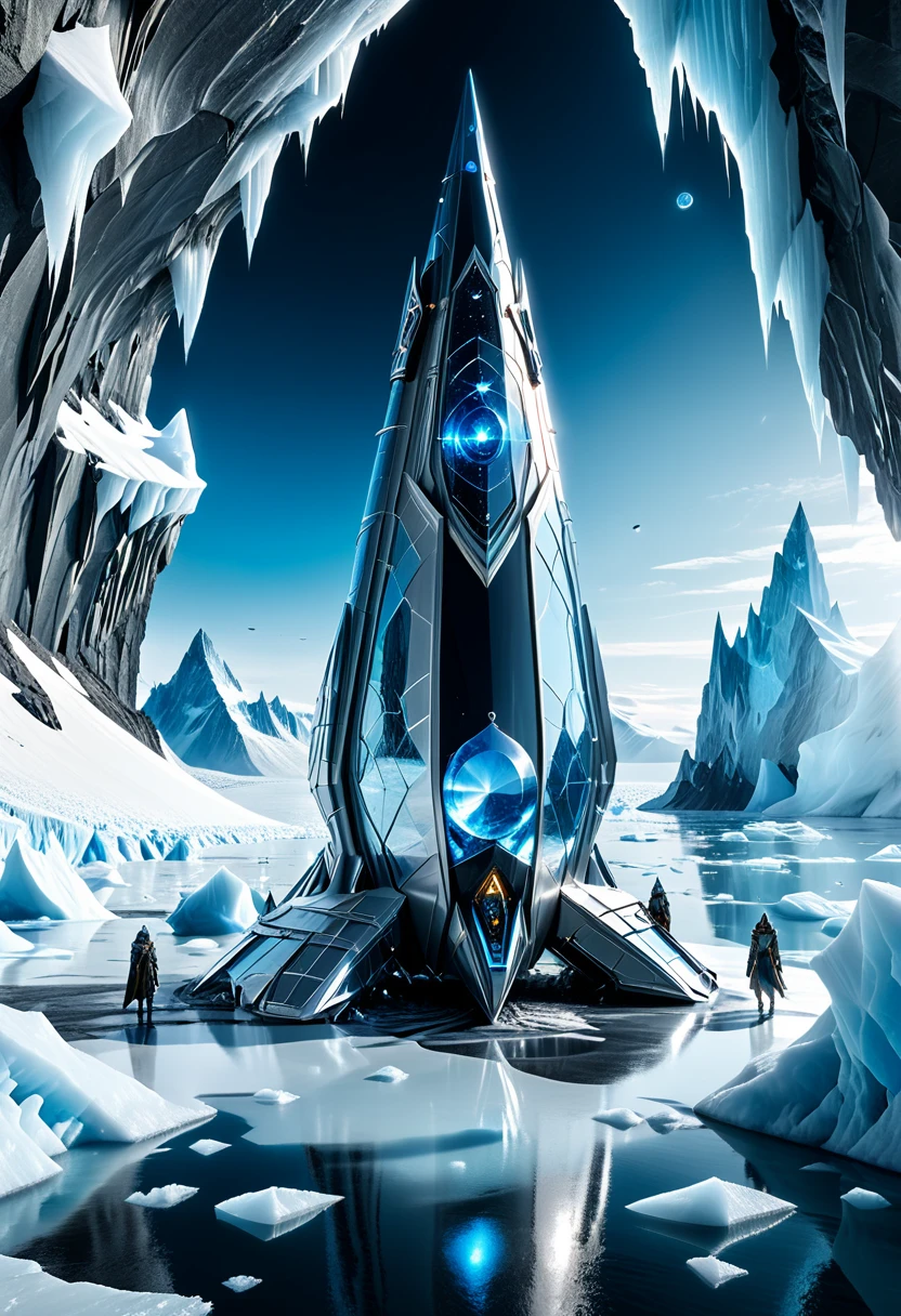パノプティコンの反響する虚空: 北極のサイバーエルフたちが、結晶化した氷河の氷の上に止まった銀色と氷河の青色のエルフの宇宙船の周りに集まっている。, 神秘的なエルフの伝承とエコーイング・ヴォイドの風景を融合, 謎を解く, デジタルレンダリング, 超リアル, ドラマチックな照明, 8k, 神秘的