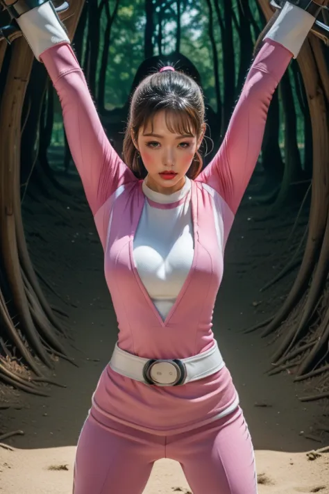 pink theme，pink ranger suit、curvy, big breats, full body, tied on Saint Andrew's cross in X position, screaming in pain, crying,...