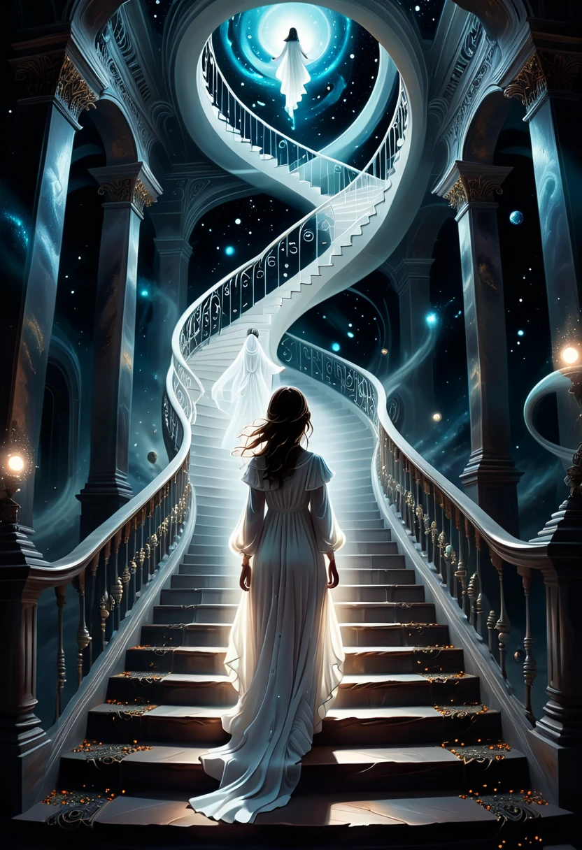 Dilapidation Echoing Void: Girl in white long dress, a dreamy illustration of an infinite staircase leading to the universe, with ghost and alien on each step. The figure at its center is walking up it, symbolizing continuous learning in the style of magic realism. Dark tones and glowing light create depth, while swirling patterns suggest vastness
