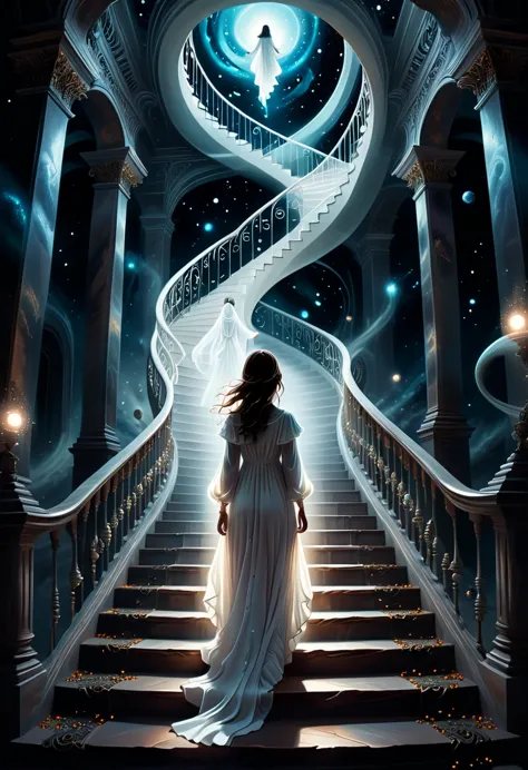 Dilapidation Echoing Void: Girl in white long dress, a dreamy illustration of an infinite staircase leading to the universe, wit...