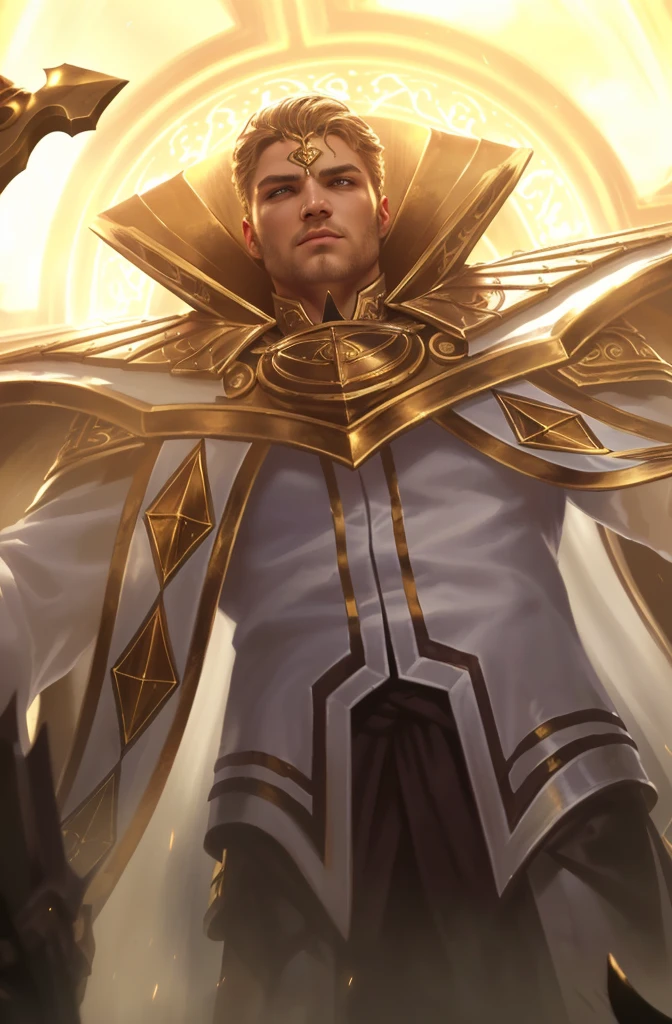 a close up of a man in a suit with a sword, holy paladin, gold paladin, magic the gathering artstyle, collectible card art, detailed intricate portrait, chiaroscuro lighting, dramatic lighting, cinematic composition, highly detailed, masterpiece, photorealistic, hyperrealistic, award winning, cinematic, epic, dramatic, elegant, ornate, dynamic pose, serious expression, imposing presence, powerful, majestic, heroic, mystical, fantastical, magical, ornate armor, flowing robes, glowing aura, intricate details, shimmering metal, rich textures, warm color palette, glowing highlights, dramatic shadows, cinematic framing