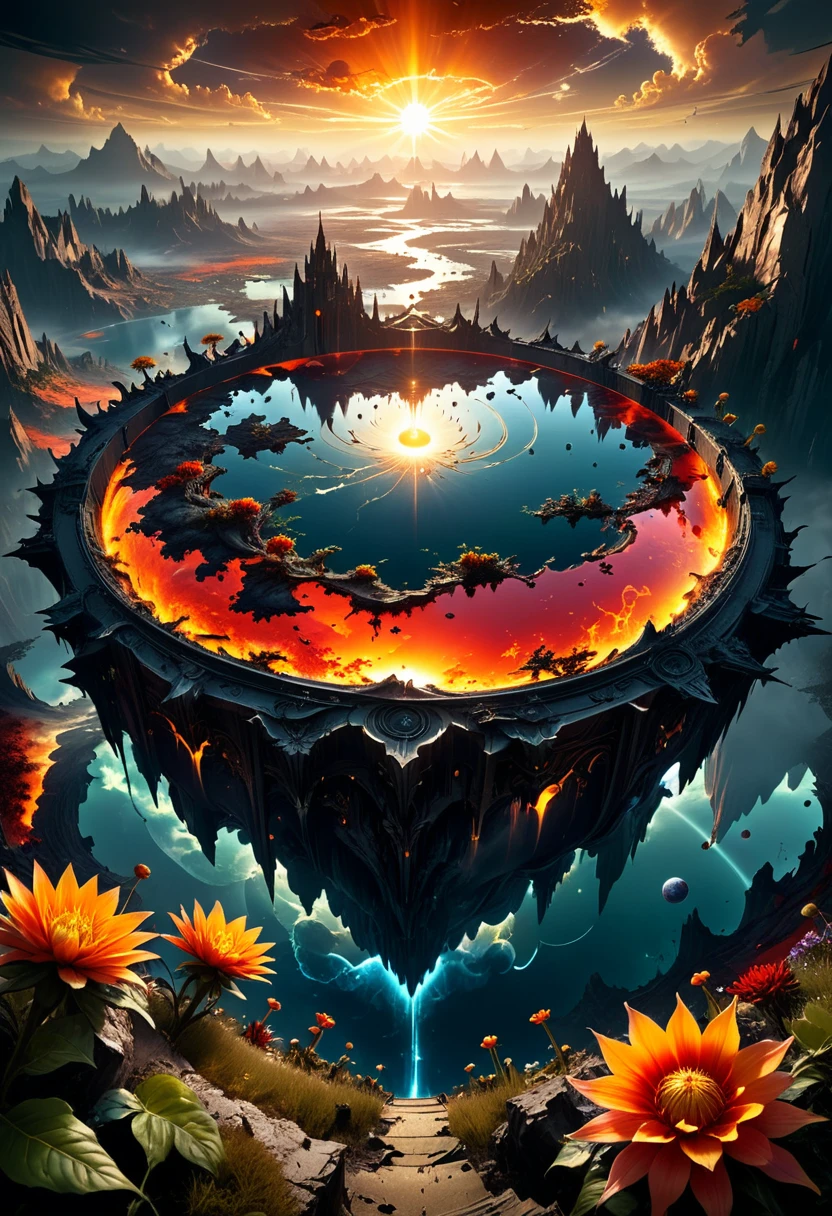 Panopticon Echoing Void: A mesmerizing, ultra-detailed fantasy art piece that showcases two realms - one of heavenly beauty and the other of hellish darkness. The scene is viewed from a space perspective, as if we're looking down upon a world within a world. The heavenly realm is depicted as a lush, vibrant landscape with floating islands, a radiant golden sun, and colorful flora. the hellish realm is a dark, fiery domain with twisted terrain and an intense, blood-red sun