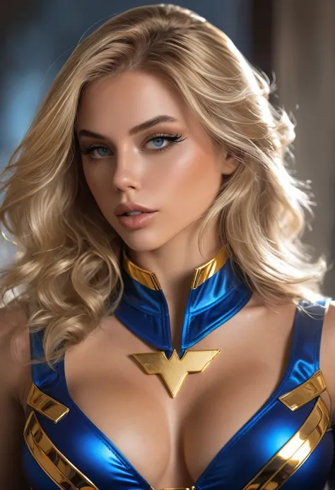 sexy superheroine wavy blonde hair glowing  eyes wears a blue outfit gold shoulder pads gold bracelets revealing abs midriff a z...