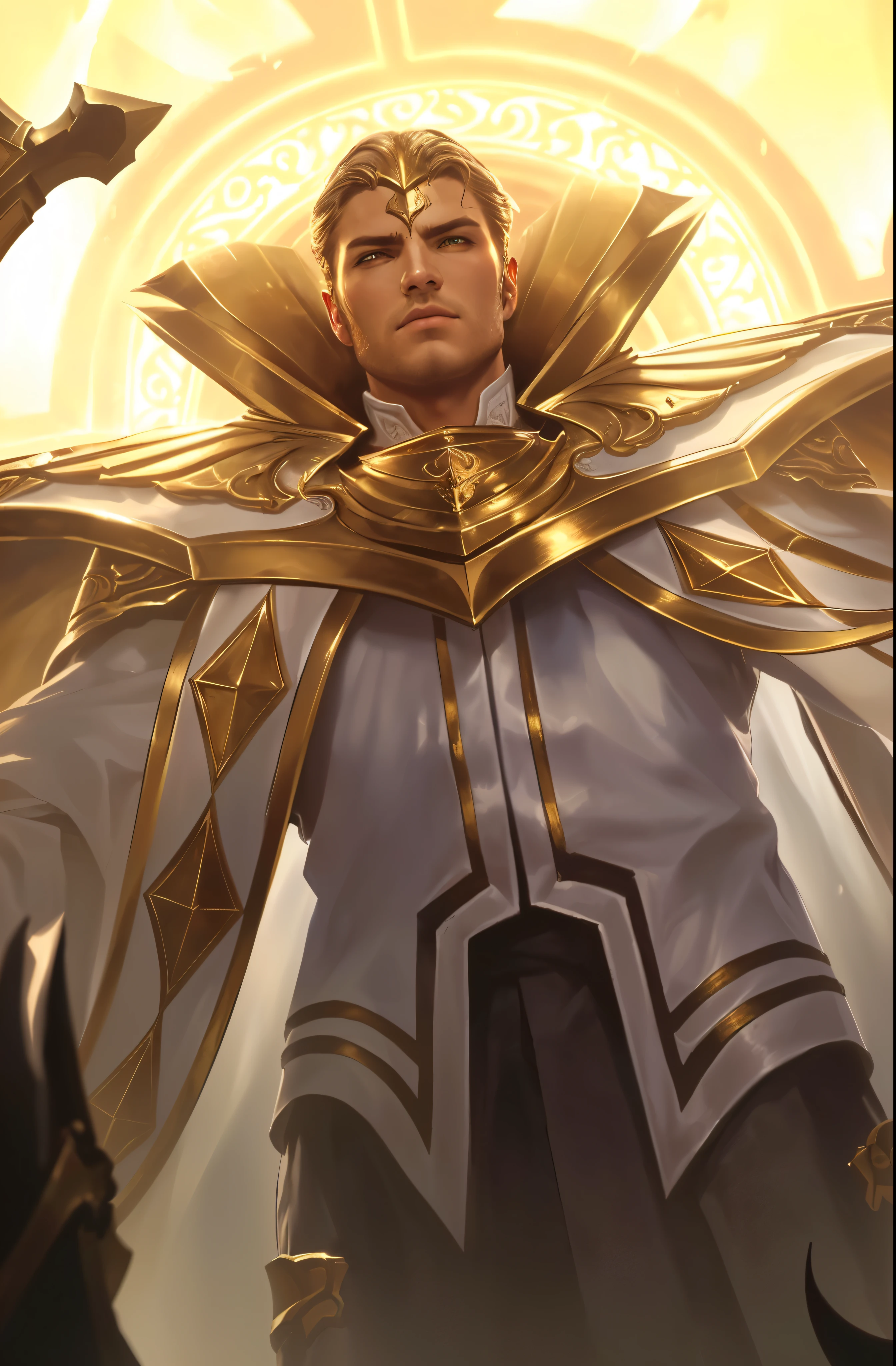 a close up of a man in a suit with a sword, holy paladin, gold paladin, magic the gathering artstyle, collectible card art, detailed intricate portrait, chiaroscuro lighting, dramatic lighting, cinematic composition, highly detailed, masterpiece, photorealistic, hyperrealistic, award winning, cinematic, epic, dramatic, elegant, ornate, dynamic pose, serious expression, imposing presence, powerful, majestic, heroic, mystical, fantastical, magical, ornate armor, flowing robes, glowing aura, intricate details, shimmering metal, rich textures, warm color palette, glowing highlights, dramatic shadows, cinematic framing