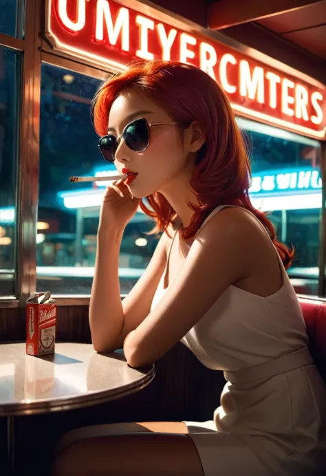 Beautiful redhead Asian girl sitting in a diner at night, Visible from the window, Perfect Face, sunglasses, Smoking white Taylo...