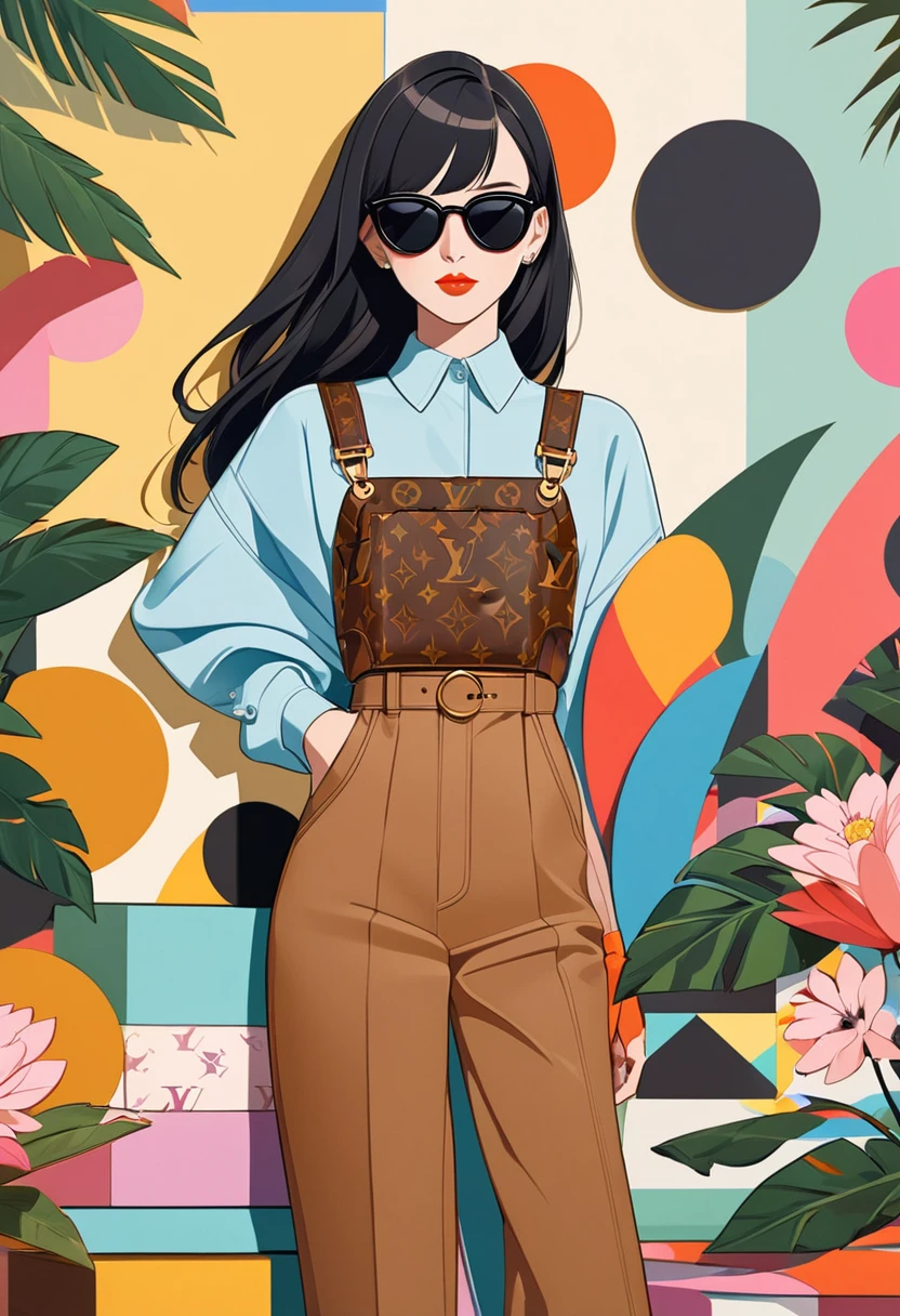 Ilustrações de moda vívidas de mulheres vestindo roupas Louis Vuitton, incluindo flores, folhas, e formas geométricas, Em pé na frente de um fundo abstrato，Refletindo seu senso caprichoso de moda. Eles usam óculos escuros，Sinta-se confiante ao posar na frente da câmera. A atmosfera geral é animada e colorida, Capture a essência do estilo de marca de luxo de alta qualidade. John Holcroft&#39;estilo.