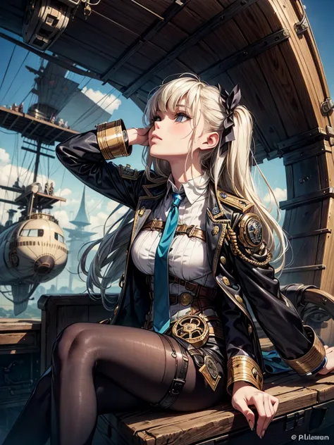 a steampunk-themed artwork featuring a beautiful woman as an intrepid airship captain, ready for adventure, platinum blonde hair...