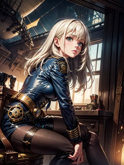 a steampunk-themed artwork featuring a beautiful woman as an intrepid airship captain, ready for adventure, platinum blonde hair...