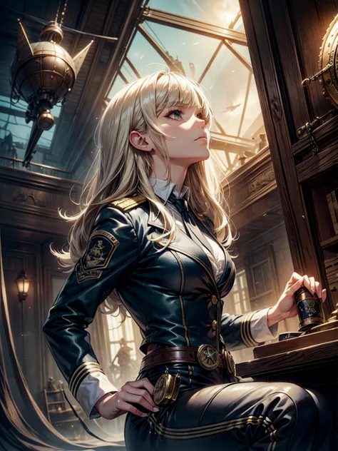 a steampunk-themed artwork featuring a beautiful woman as an intrepid airship captain, ready for adventure, platinum blonde hair...