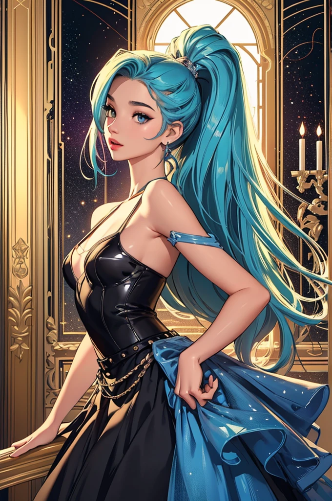 (masterpiece, top quality, best quality, official art, beautiful and aesthetic:1.2), young (1girl:1.3),  hair, long hair, (colorful eyes:1.3), extremely detailed, colorful, (highly detailed CG illustration), (looking at viewer), cinematic light, solo, half body, (character focus), ),, extravagant makeup, full lips, sexy pose, clothes ASIDE , used condoms, partially naked, shiny skin, seraphine1, blue ponytail