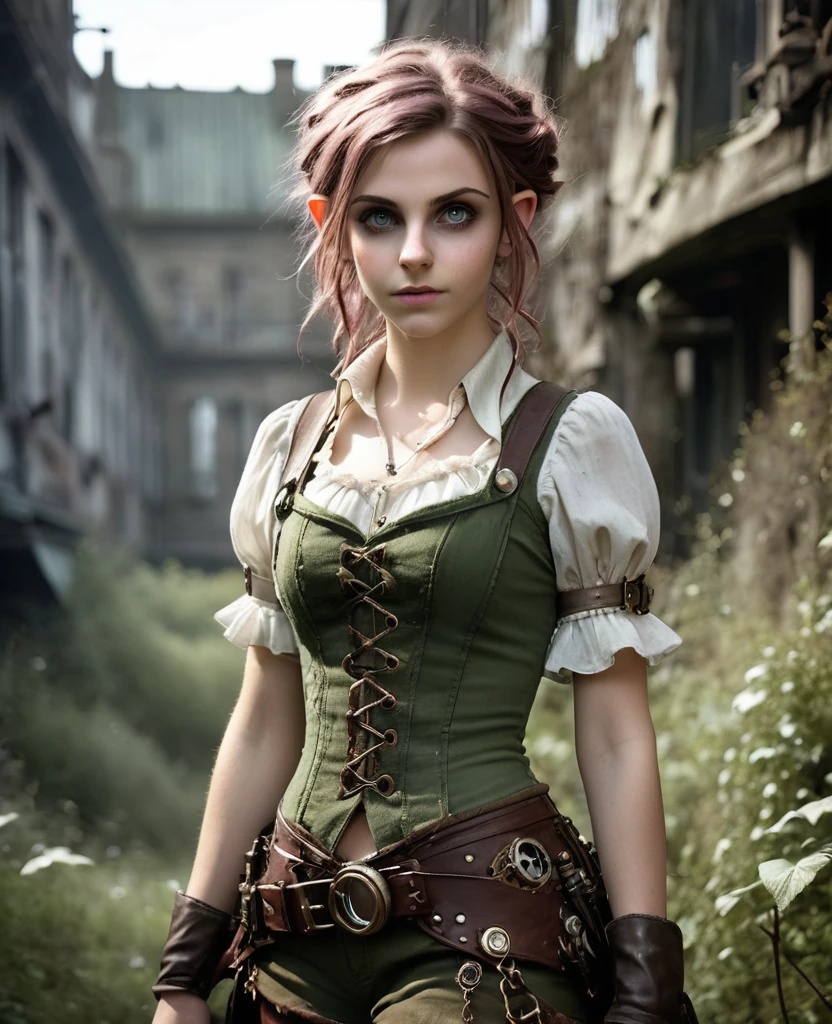 cute elf, (teenage elf  with extremely cute eyes)), (((elf))), ((((high resolution))), (((extremely detailed))), ((masterpiece)), looks like Aerith Gainsborough, dramatic shadows, depth of field, analog photo style, (world in which are collide steampunk and postapocalyptic vibes), postapocalyptic cute female in steampunk aesthetic, torn dirty clothes, depth of field, full body shot, unzoomed, (perfect body: 1.4), (sidecut short hairstyle), (stalking is quite common, although not the best way to make a living), stylized atmosphere of unreality, dark atmosphere, dynamic pose, in motion, Armageddon, increase cinematic lighting, highly lifelike skin texture, parted lips, weary eyes, fine eyes, whitened skin, random hair colour, doomsday aura