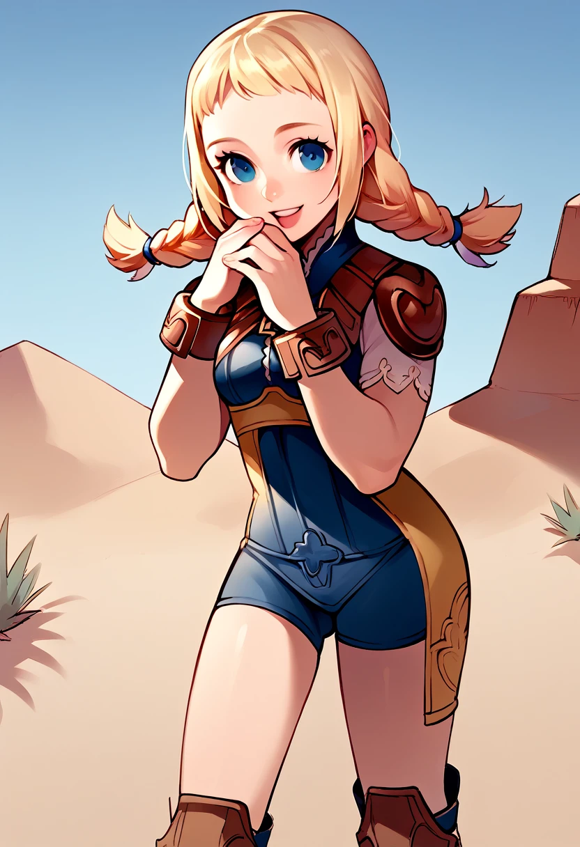 score_9, score_8_up, score_7_up, score_6_up, source_anime, BREAK 1girl, solo, defPenelo, blonde hair, twin braids, bodysuit, shoulder pads, brown boots, bracelets, looking at you, happy, blue sky, desert, middle eastern architecture
