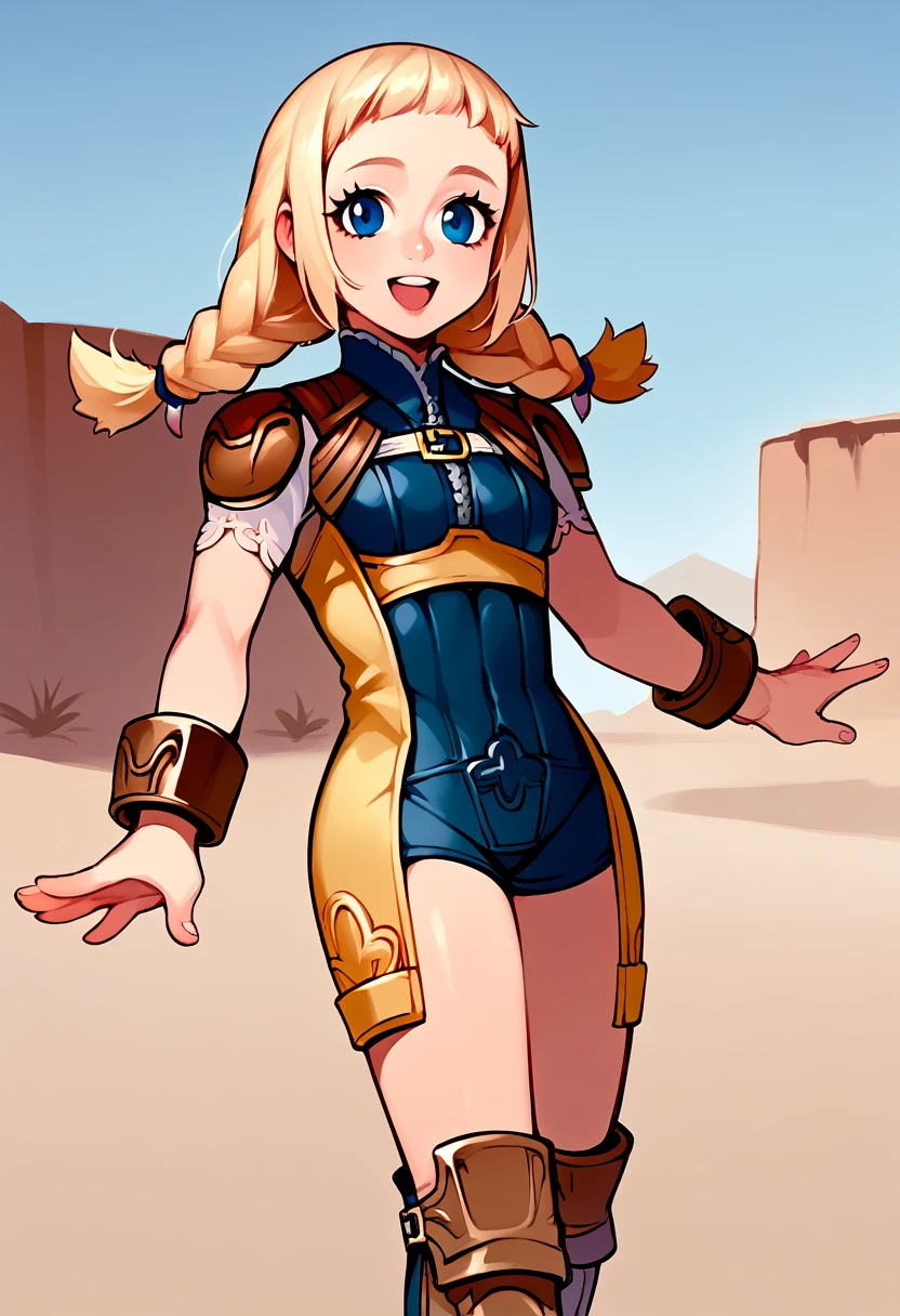 score_9, score_8_up, score_7_up, score_6_up, source_anime, BREAK 1girl, solo, defPenelo, blonde hair, twin braids, bodysuit, shoulder pads, brown boots, bracelets, looking at you, happy, blue sky, desert, middle eastern architecture
