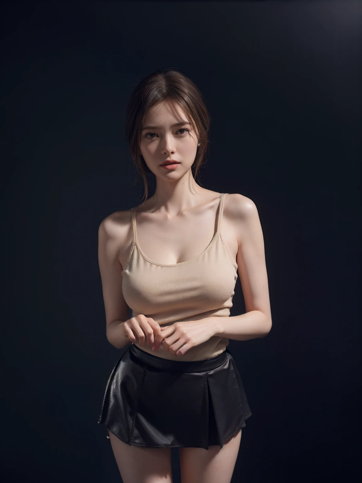 1girl, woman, masterpiece, best quality, highest quality, cinematic lighting, (volumetric lighting), extremely detailed CG unity 8k wallpaper, focused, 8k wallpaper, extremely detailed, ultra realistic, photorealistic, sharp focus, absurdres, (HDR:1.2), (high contrast), photograph, detailed and intricate, instagram, portrait, highly detailed, digital painting, artstation, concept art, smooth, sharp focus, illustration, cinematic lighting, (natural big breast), black short skirt, eyes looking at the viewer, ((medium shoulder)), (skinny legs), (slender body), (((height 163cm))), (HQ skin:1.4, Realistic human body structure), (Full body:1.5), (aerial shot photo), (wearing knit tank top, short skirt), (real skin of thighs)